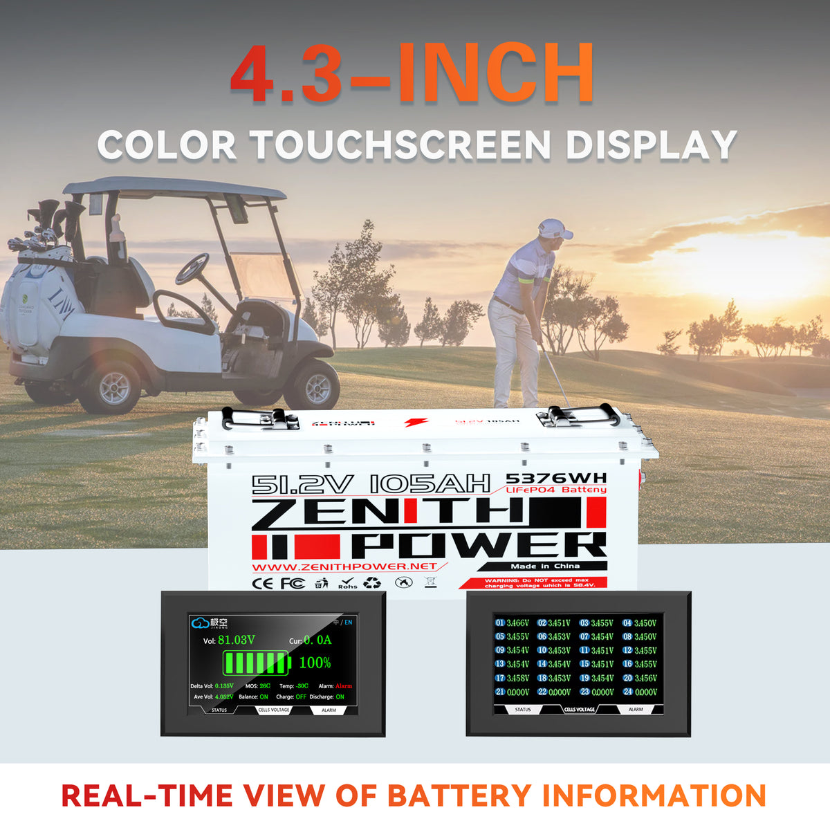 48V 105Ah Lithium Battery for Golf Cart,200A BMS, 20A Charger, 4.3" LCD Monitor,4000+ Deep Cycle